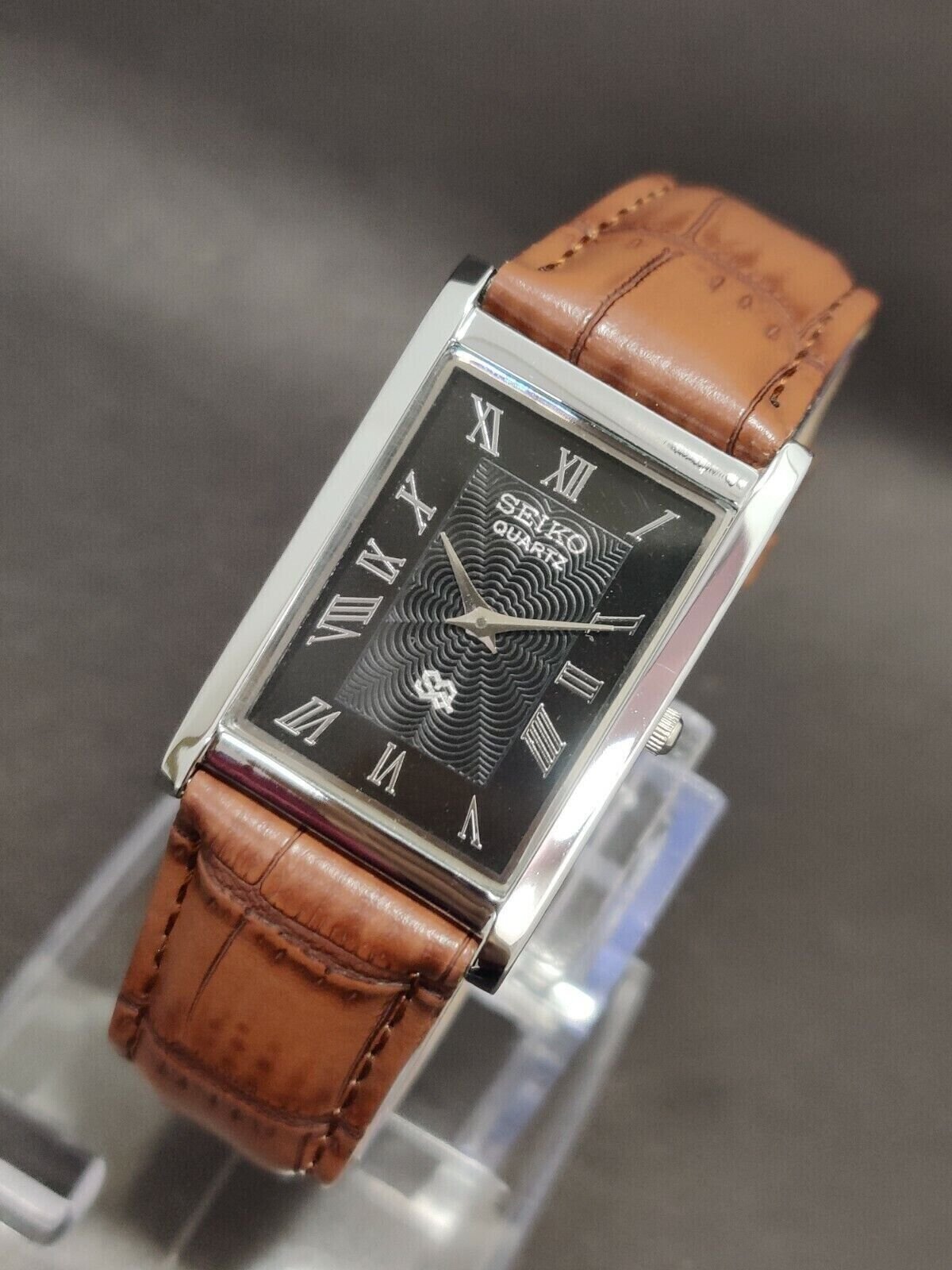 Seiko Slim Quartz Black Face Brown Band Men's Wrist Watch A08