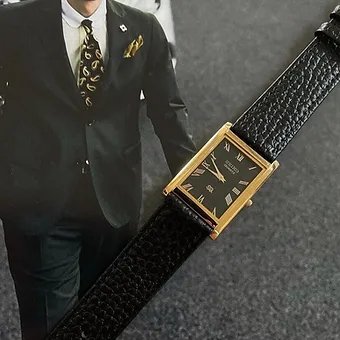 Seiko Slim Rectangular Black Face Black Band Mens watch A0128