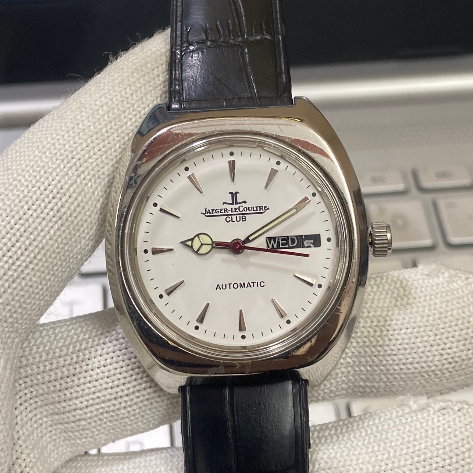 Vintage Jaeger Lecoultre Club Automatic AS 2066 White Face Black Band Men's Wrist Watch JL06