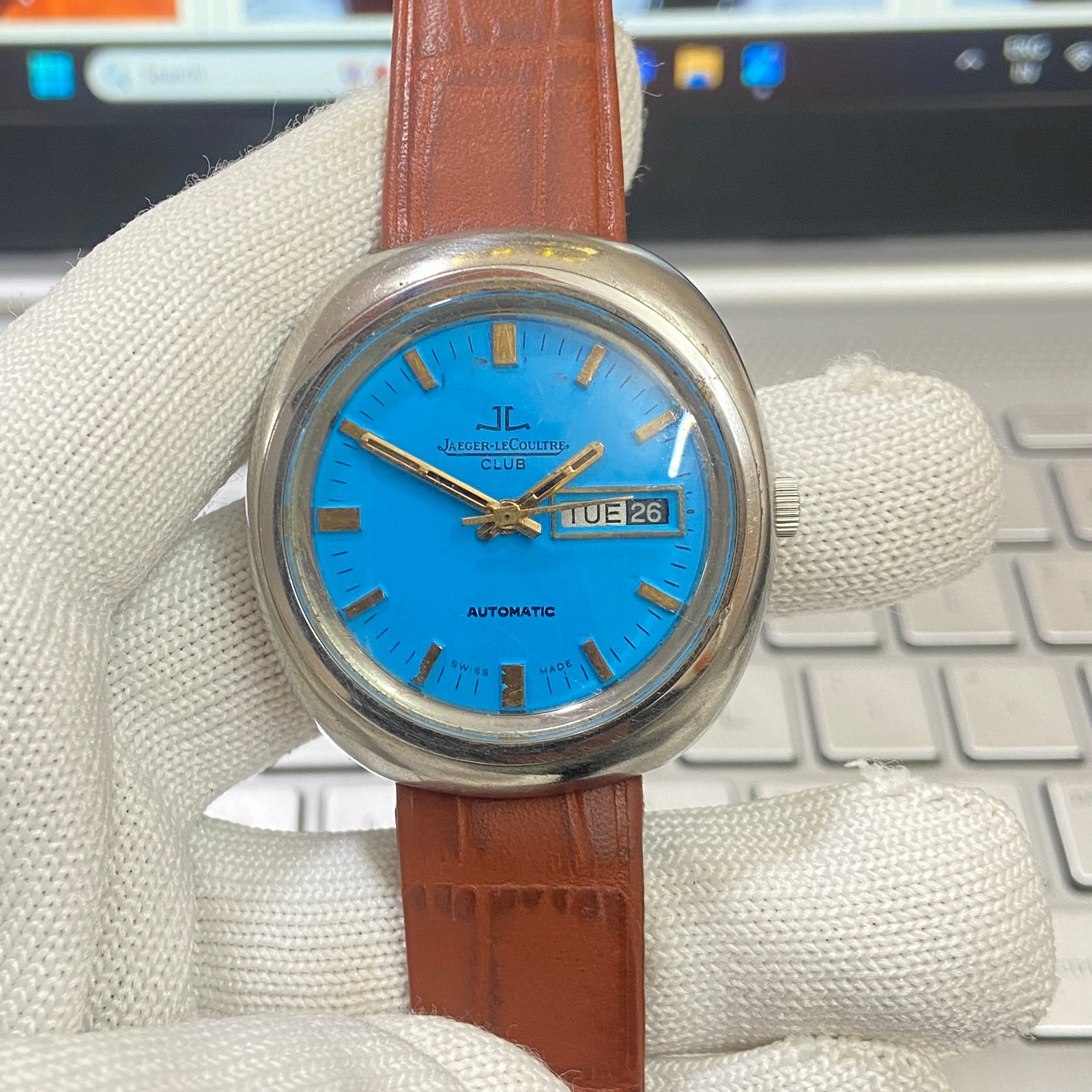Vintage Jaeger Lecoultre Club Automatic AS 2066 Blue Face Brown Band Men's Wrist Watch JL11