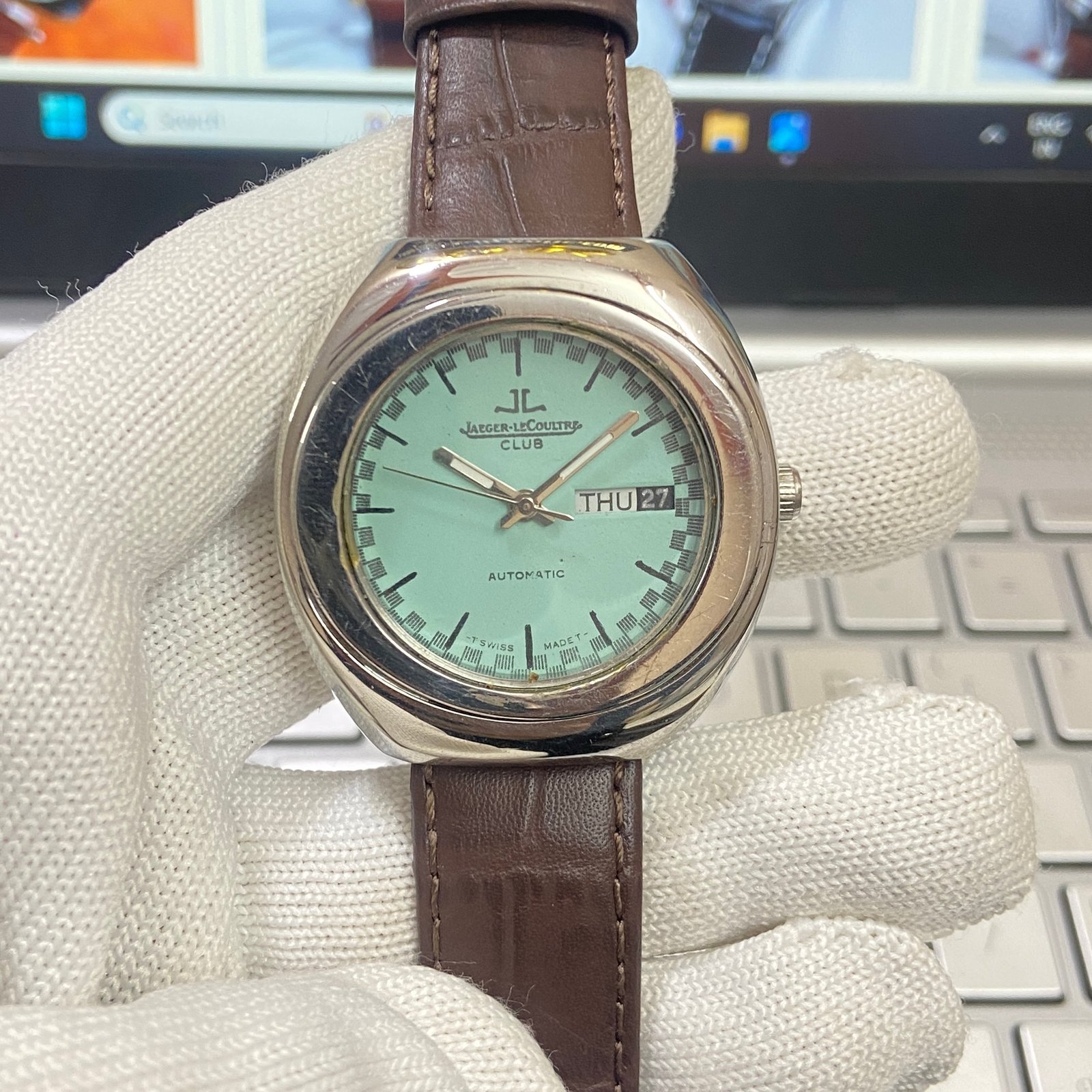 Vintage Jaeger Lecoultre Club Automatic AS 2066 Tiffany Blue Face Brown Band Men's Wrist Watch JL12