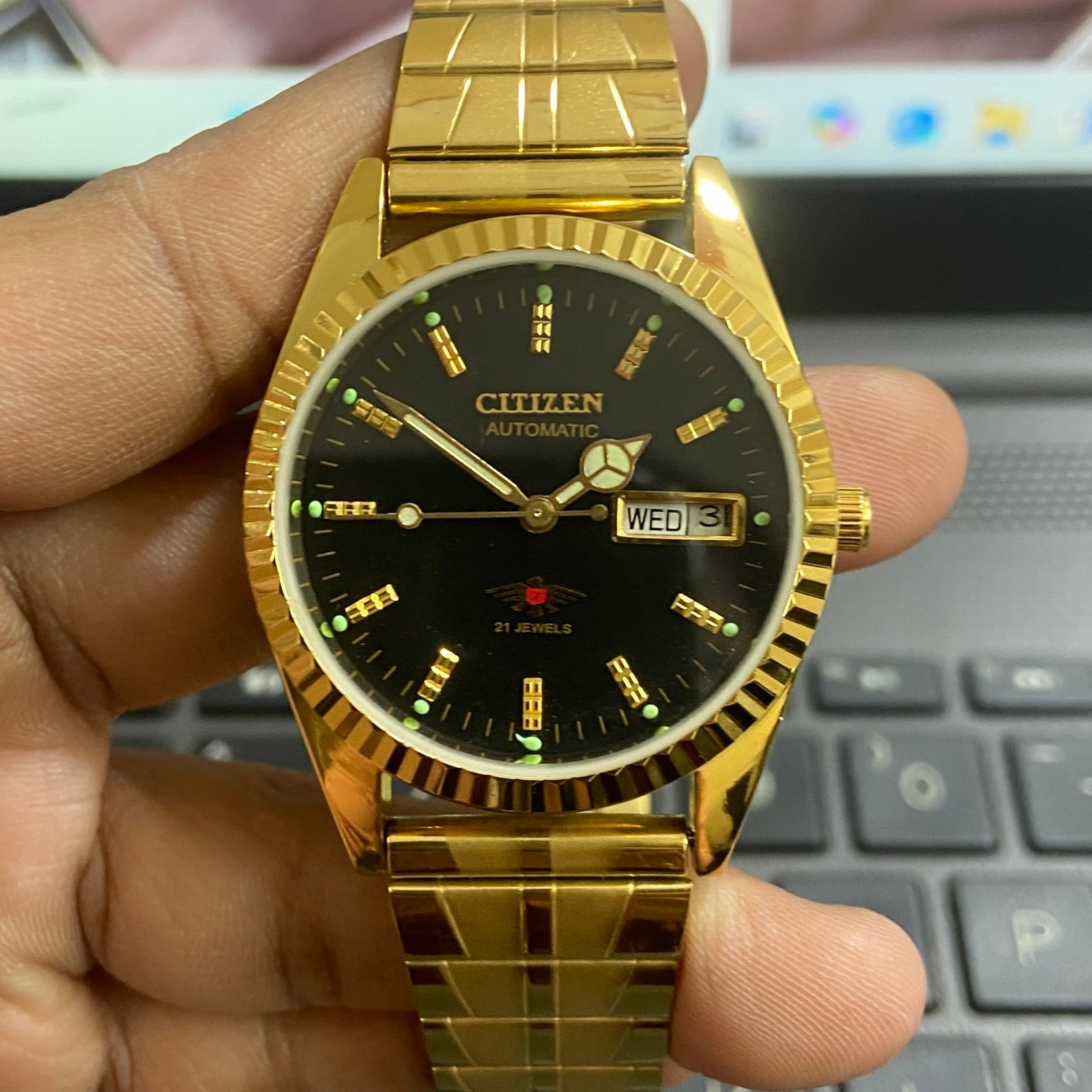 Vintage Mod Citizen Automatic Black Face Golden Bracelet 21Jewels Day-Date Men's Wrist Watch D75