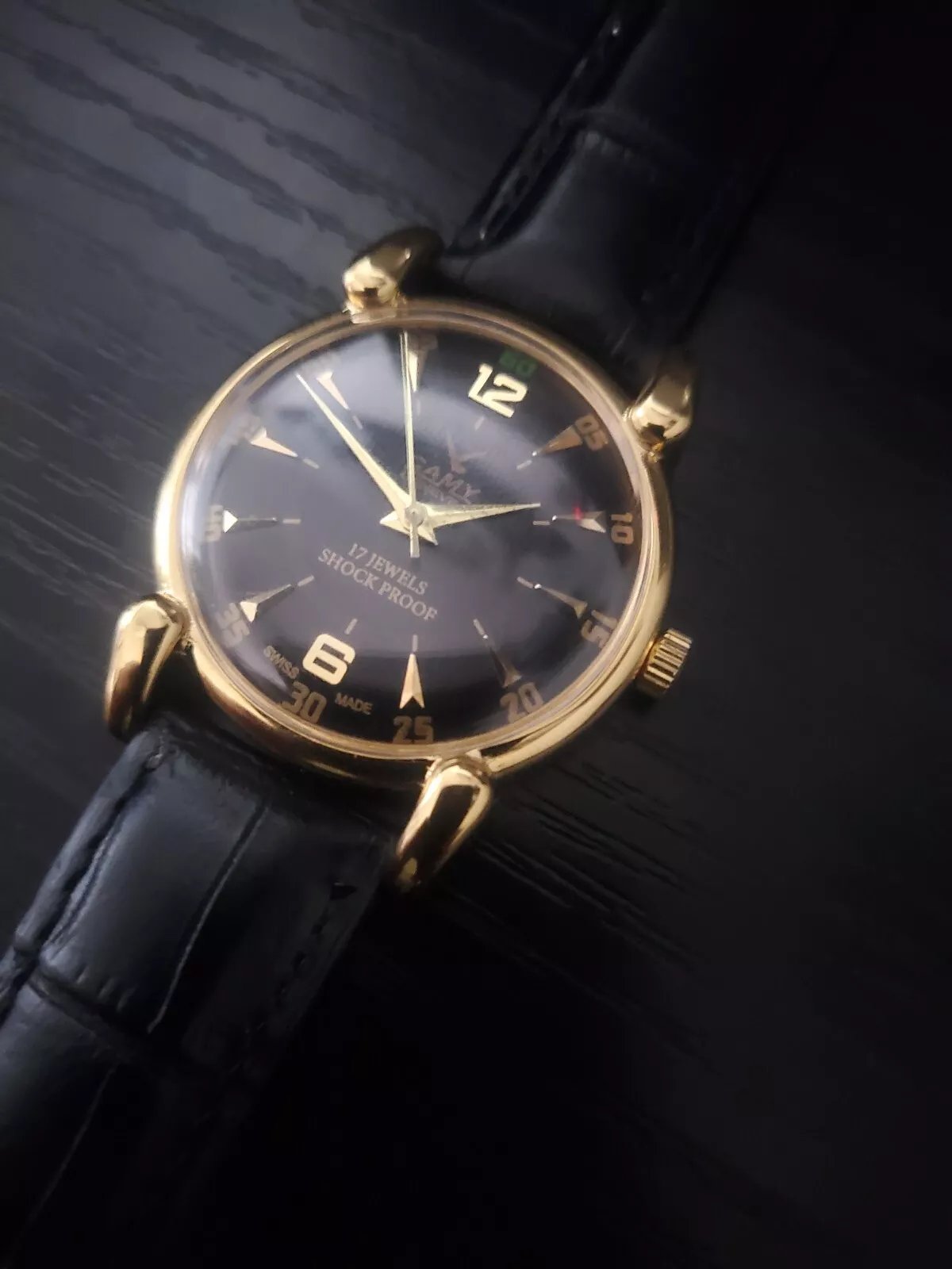 Vintage CAMY Black Face Golden Case and Black strap Hand Winding 17 jewels Men's Watch RM55