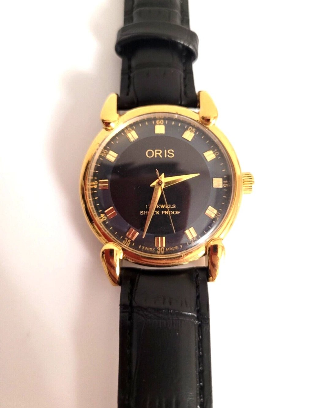 Vintage Oris Black face Golden Case back strap men's watch 